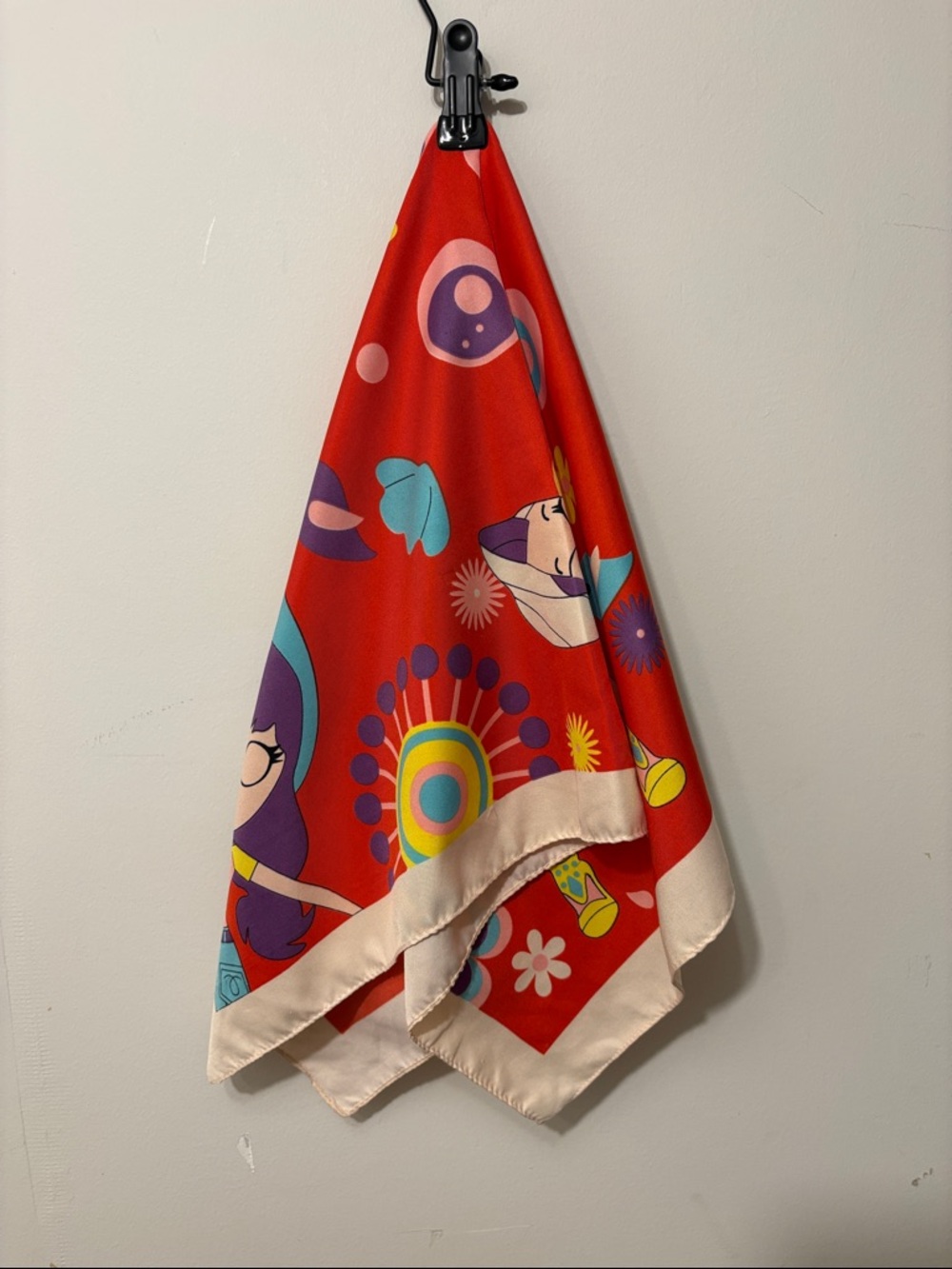 Vibrant Red Floral & Character Silk Scarf
